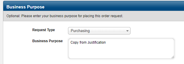 An image of the request type field and business purpose field. The request type is set to "Purchasing" by default. The business purpose can be the same as the justification.