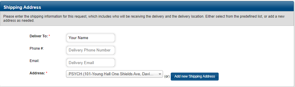 An image of the shipping address section, which consists of 4 fields. You are only required to enter your name in the "Deliver to" field, and select an address for the "Address" field.