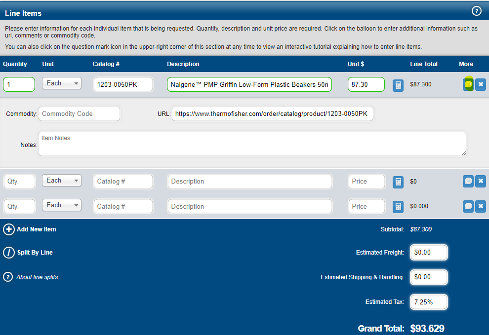 An image of the line items section filled out for a purchasing request. The catalog field has been filled out with the vendor's catalog number for the item being requested. The description field has been filled out using the name of the product taken straight from the vendor's website. The URL field has been filled out with the link to the product being requested.