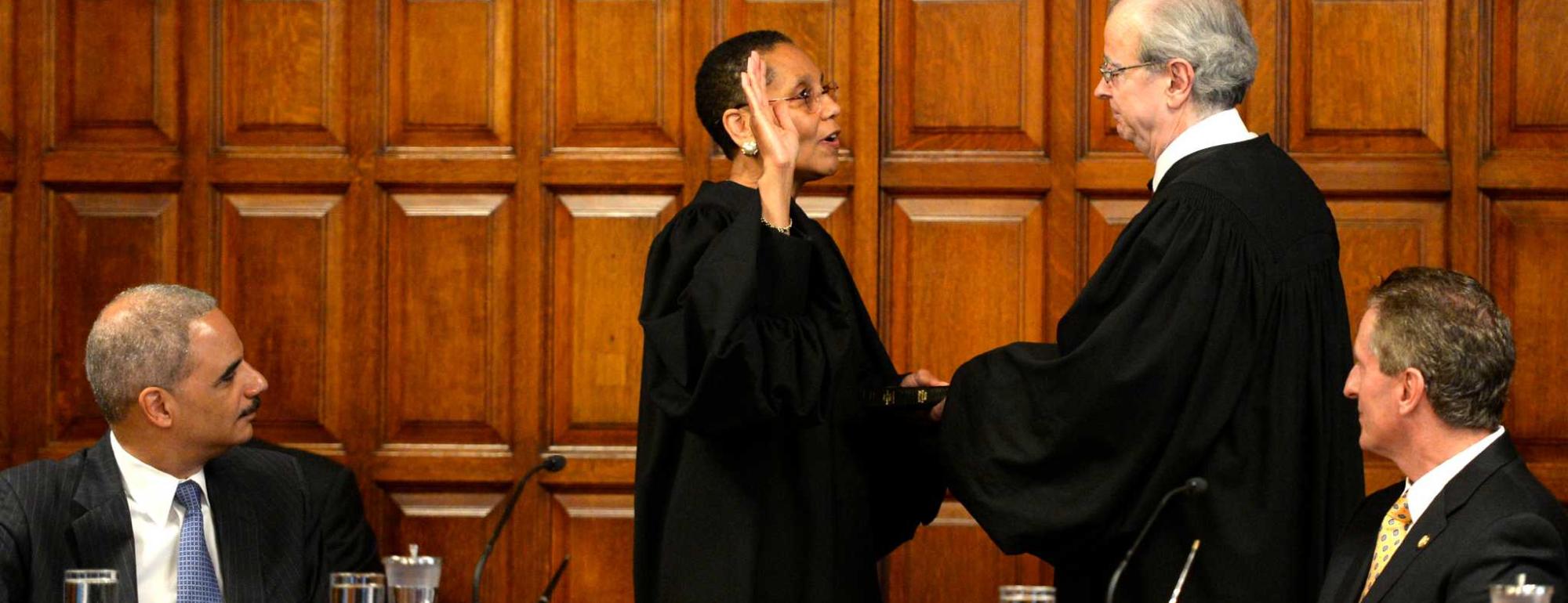black woman judge being sworn in to join the court of appeals (Shiela Abdus-Salaam)