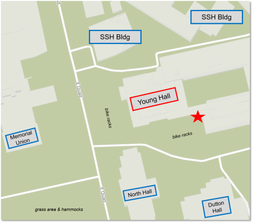 map of Young Hall area of campus; Young Hall lobby is marked with a star